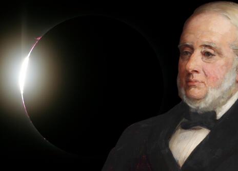 A painting of Warren de la Rue over a modern photo of a total solar eclipse.