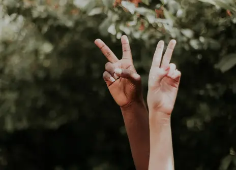 Two hands showing peace signs 