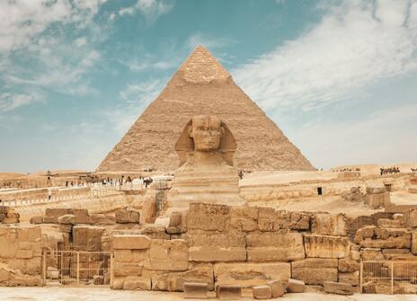 Sphinx and pyramid in Cairo, Egypt 