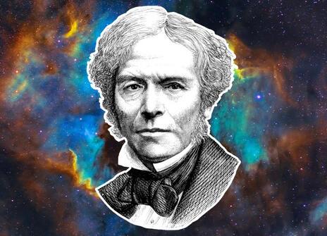 An illustration of Michael Faraday over a colourful artist's impression of space