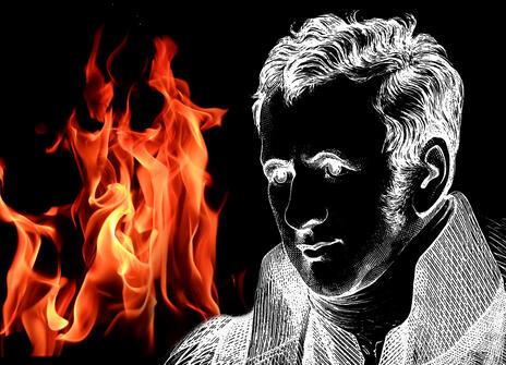 A white line illustration of Humphry Davy over a picture of fire