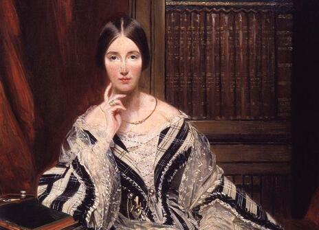 A painting of Angela Burdett-Coutts. She is sat at a table wearing a black and white tartan dress, resting her chin on her fingertips