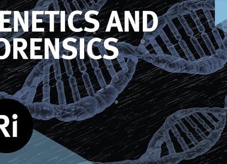 Some strands of DNA are shown. Overlayed are the words 'GENETICS AND FORENSICS' along with the Royal Institution Logo.
