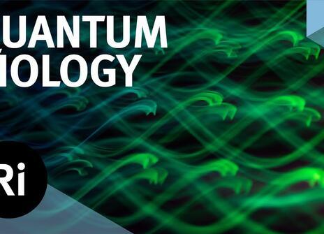 Many green wiggling lines on a black background. Overlayed are the words 'QUANTUM BIOLOGY' along with the Royal Institution logo.