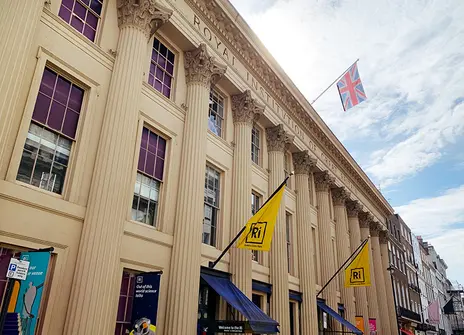 Exterior of Ri building with Union Flag flying 