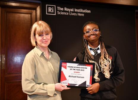 A photo of the winner, Richael Forson (14), with the Science Writer, Isabel Thomas