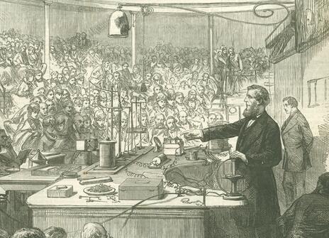 A Victorian engraving of Tyndall giving a lecture at the Ri
