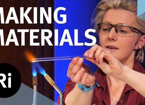The speaker is pictured setting fire to a material with a Bunsen burner. Overlayed are the words 'MAKING MATERIALS' alongside the Royal Institution's logo.