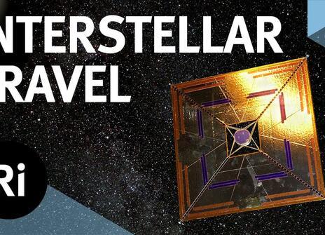 A satellite is shown in space. Text overlayed above it reads 'INTERSTELLAR TRAVEL', along with the Royal Institution's logo.