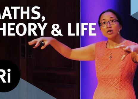 The speaker faces the front of the stage, hands slightly raised. Overlayed are the words 'MATHS, THEORY & LIFE' alongside the Royal Institution's logo.