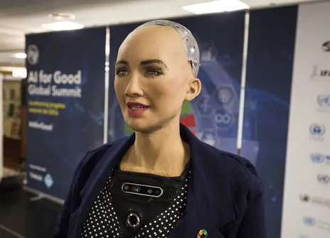 Sophia the robot, a humanoid robot, at the AI for Good Global Summit 2018