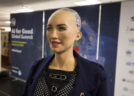 Sophia the robot, a humanoid robot, at the AI for Good Global Summit 2018