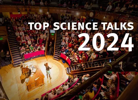 A packed Ri lecture theatre. Text reads: top science talks 2024