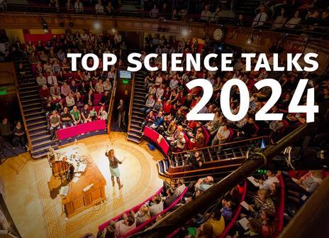 A packed Ri lecture theatre. Text reads: top science talks 2024