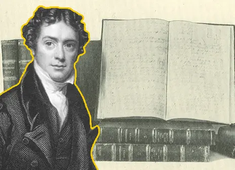 A cutout of a young Michael Faraday in front of a black and white photo of some notebooks