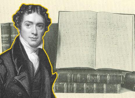 A cutout of a young Michael Faraday in front of a black and white photo of some notebooks