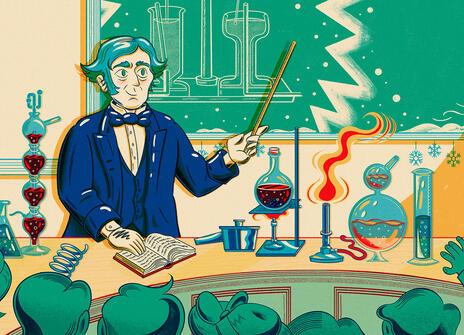 A colourful illustration of Michael Faraday lecturing