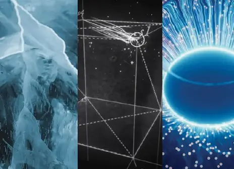 image of an iceberg, a mathematical model of a cube and a glowing blue circle