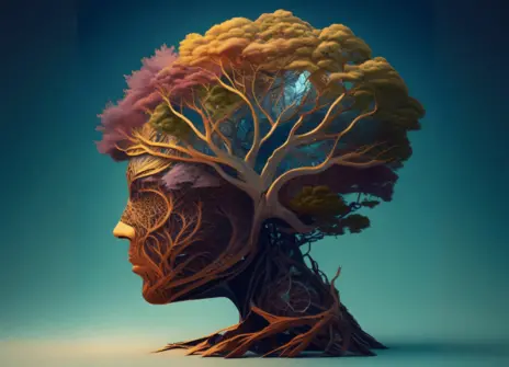 Human brain and face illustrated as tree.