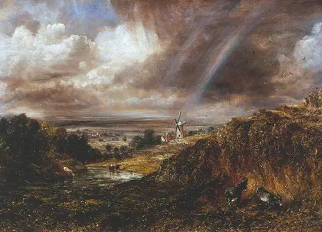 A painting of a hilly landscape showing big clouds, a windmill and a rainbow in the distance