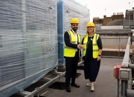 Director Katherine Mathieson and Deputy Mayor of London for Environment and Energy, Mete Coban on the roof of the Rithe 