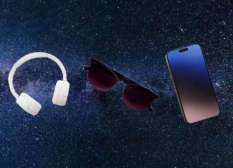 Graphic of headphones, sunglasses, and smart phone floating in space