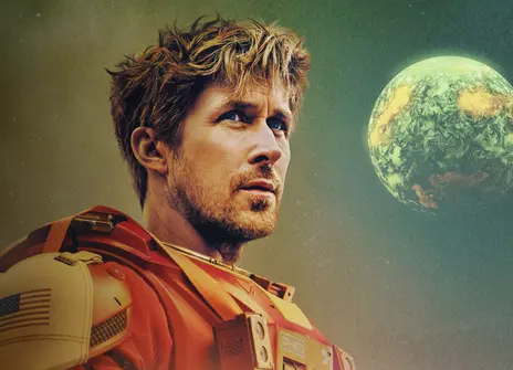 Actor Ryan Gosling starring in Project Hail Mary, wearing an orange spacesuit