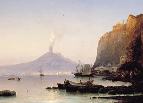 View of mount Vesuvius from a nearby bay, showing moored boats