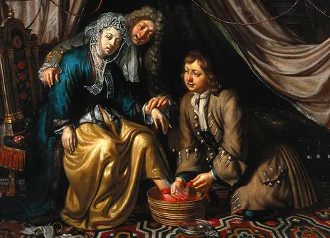A physician and a surgeon attending to a woman patient. Oil painting by Matthijs Naiveu.