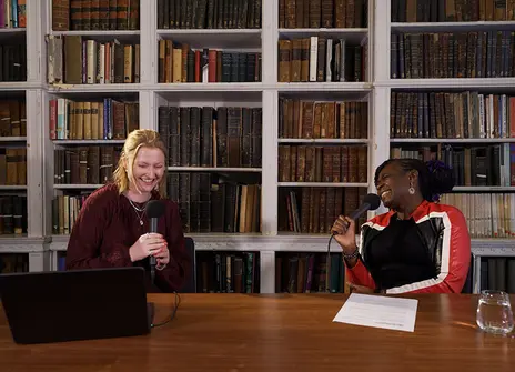 Lia Hale and Maggie Aderin-Pocock recording the podcast in the Ri Library