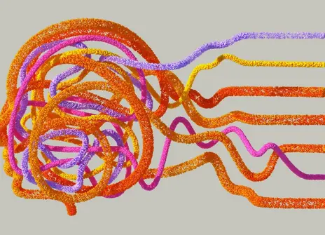 Coloured strings form an image of a human head