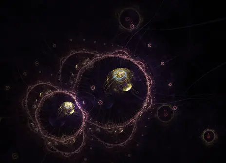 An abstract visualisation of what quantum biology may look like. Two gold wiggly circles floating against a black background. 