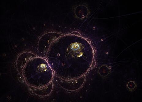 An abstract visualisation of what quantum biology may look like. Two gold wiggly circles floating against a black background. 
