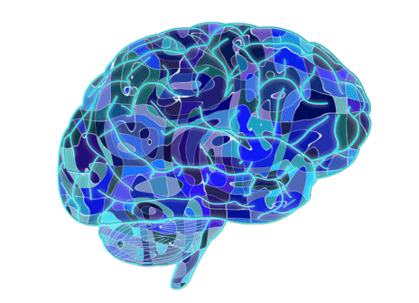 A stylised brain with computer chip markings on top of it. 