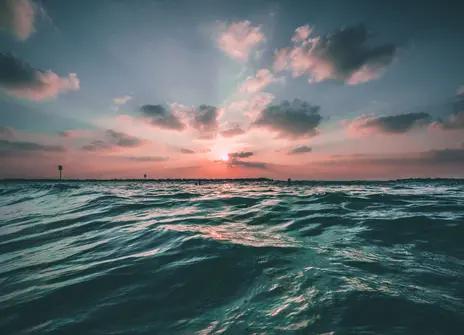 A view of the ocean, with a pink sunset just above the horizon.