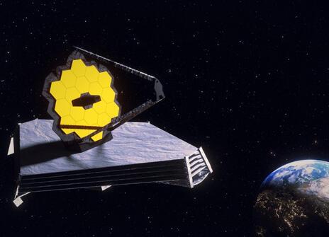 The JWST telescope in space, planet earth is in the foreground