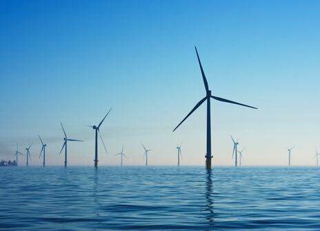 A picture of wind turbines out at sea. 