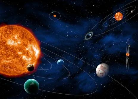 A sun with exoplanets around it in various orbits