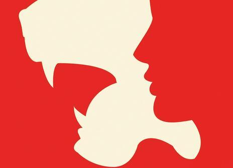 A red image of a person's face is placed over a white image of a predator.