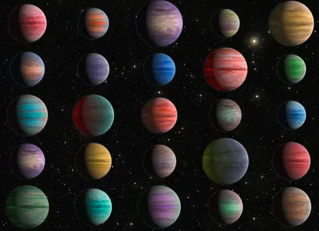 A picture showing lots of different exoplanets that have been discovered. 