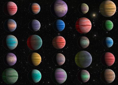 A picture showing lots of different exoplanets that have been discovered. 