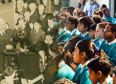 William Bragg lecturing at the Ri in 1925 and modern schoolchildren at the Ri