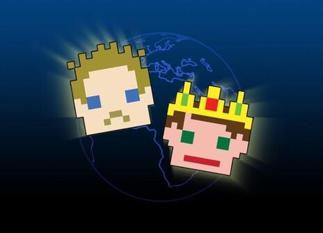 Pixelated drawings of two men. One is wearing a crown. 
