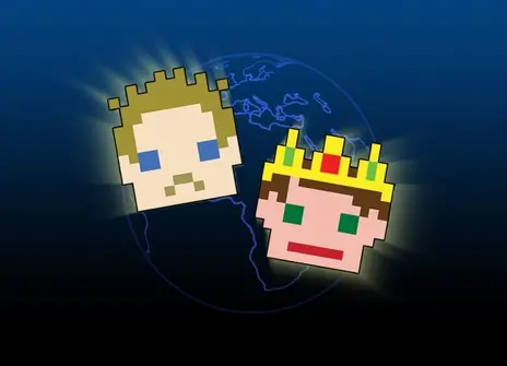 A pixelated image of two faces. One has a sad face and one is wearing a crown. 