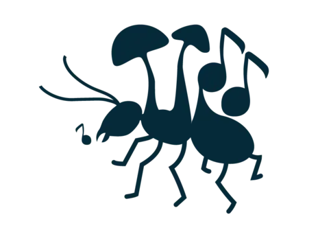 Cartoon image of an ant with mushrooms on its back