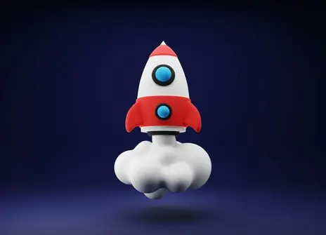 a blue, red and white rocket in space