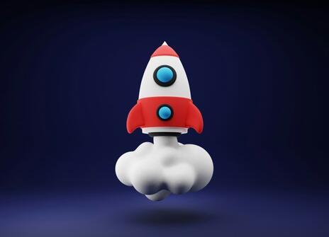 a blue, red and white rocket in space
