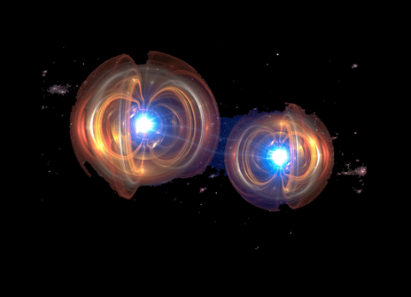 A concept drawing of two atoms at quantum level