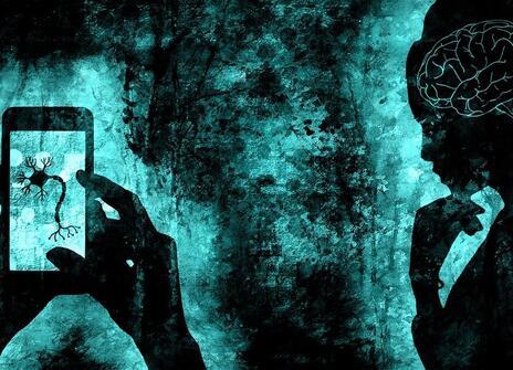 A drawing in green and black. On the left two hands hold up a phone. It has a neuron on the screen. On the right, a silhouette woman looks puzzled. 
