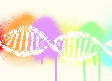 A white DNA helix lies on top of rainbow coloured graffiti sprayed in the background